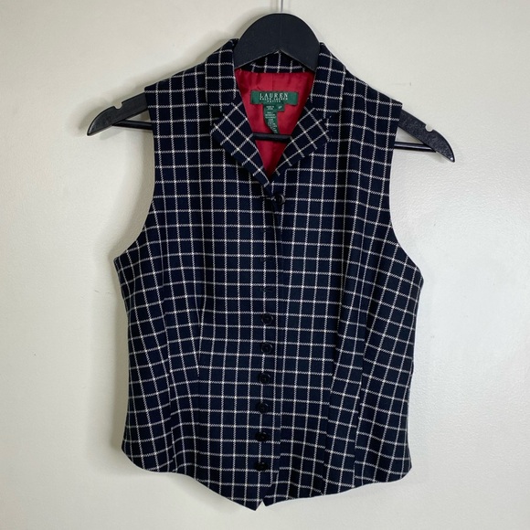 LAUREN RALPH LAUREN GREEN LABEL 100% WOOL VEST IN BLACK & WHITE GRID LINES - Picture 3 of 11